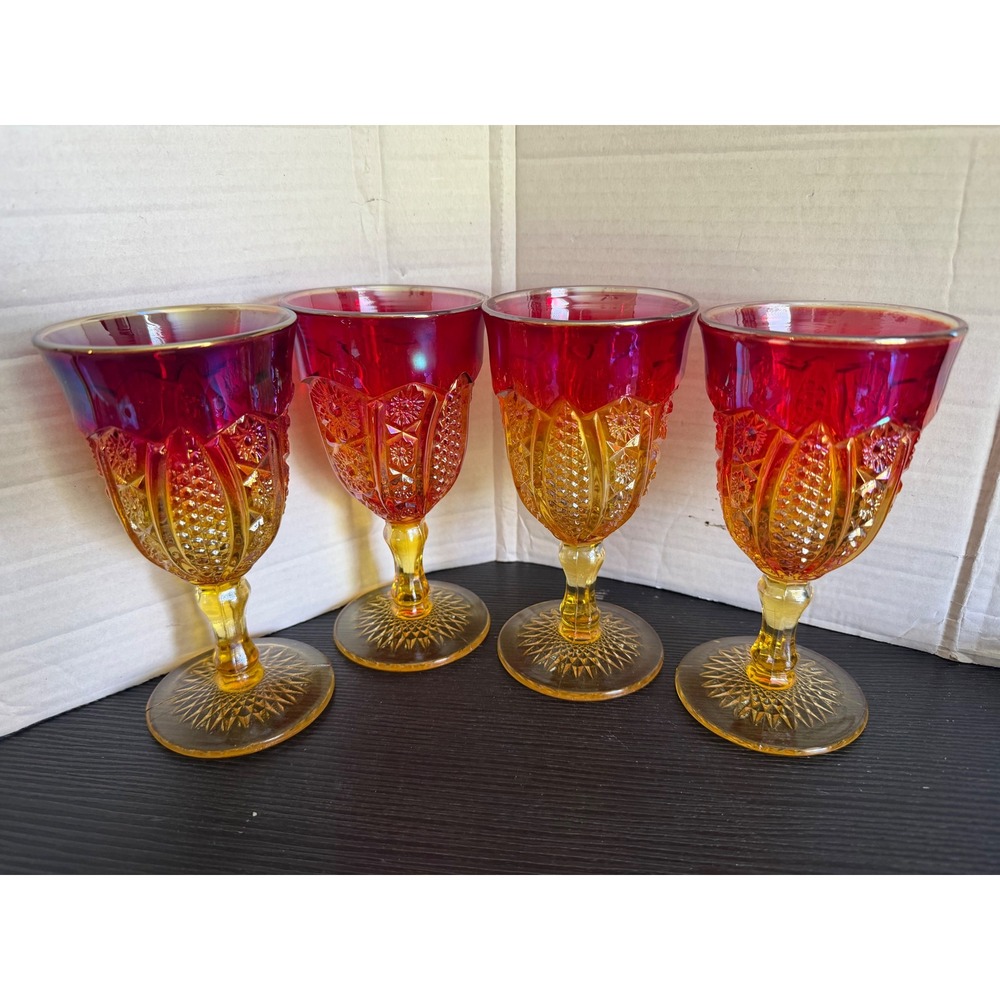 Vintage Amberina Carnival Glass Goblets Red Amber Iridescent Water Wine Set of 4